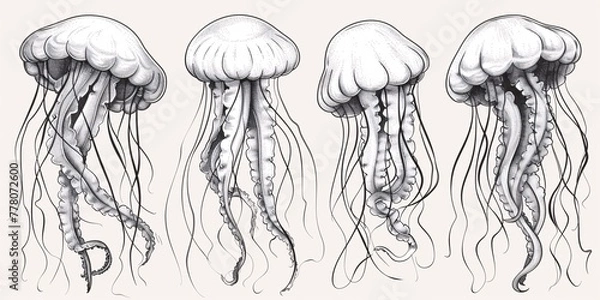 Fototapeta Hand-drawn illustration of a Jellyfish on an isolated background in a simple style, depicting a sea creature. Engraved with black ink for use as an icon or logo. Linear drawing.