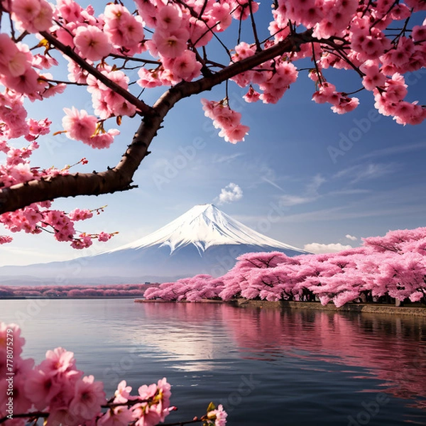 Fototapeta cherry blossom with mountain and lake
