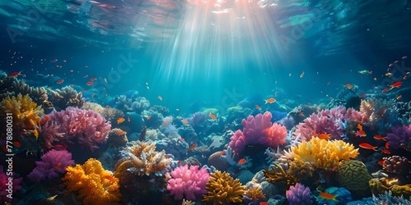 Fototapeta Vibrant Underwater Coral Reef Ecosystem Bathed in Soft Sunlight Rays Showcasing a Colorful Marine Paradise