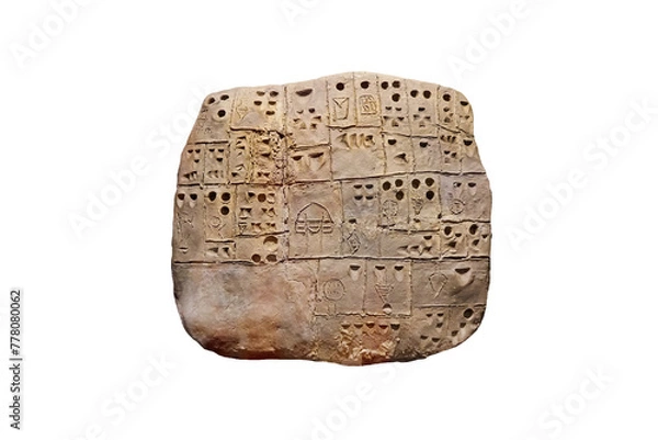 Fototapeta Sumerian clay tablet isolated on whit background. Ancient Recording through Drawing.