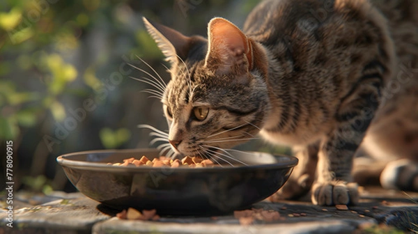 Fototapeta Cat enjoys nutritious meal from filled bowl, cat mealtime