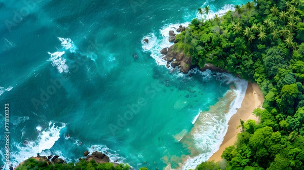 Fototapeta Aerial view of a tropical island with a white sandy beach and turquoise water