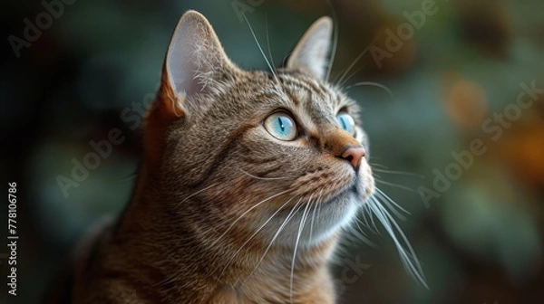 Fototapeta a close up of a cat's face with a blurry background and a blurry tree in the background.