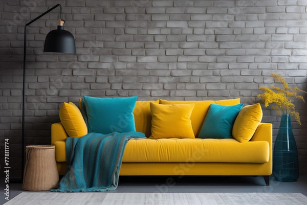 Fototapeta Bright yellow velvet sofa with blue pillows and cushions in front of a gray brick wall