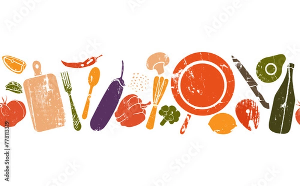 Fototapeta Horizontal seamless pattern with grunge silhouettes of food and utensils isolated on white background. Vector illustration on cooking theme.