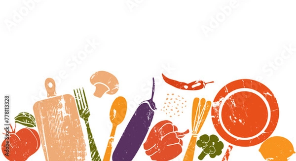 Fototapeta Hand drawn grunge vector illustration of healthy food and kitchen utensils isolated on white background. Culinary horizontal poster. 