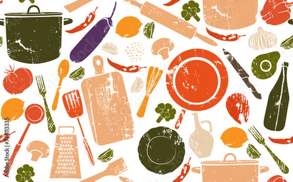 Fototapeta Seamless pattern with grunge hand drawn  healthy food and kitchen utensils isolated on white background. Texture on culinary theme. Cooking. Vector illustration.