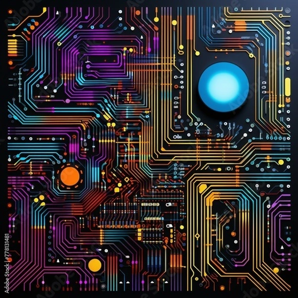 Obraz a circuit board with a round blue button