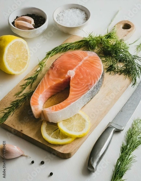 Fototapeta A raw salmon steak on a wooden cutting board, accompanied by a chef's knife and fresh ingredients like dill, garlic, and lemon slices, ready for preparation, capturing the initial steps of meal prep