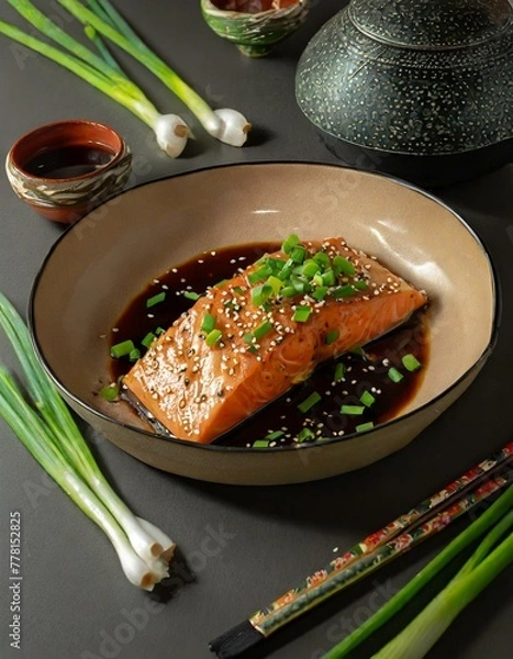 Fototapeta A salmon steak marinating in a soy sauce-based marinade, garnished with sesame seeds and green onions, set on a counter with Asian cooking utensils, emphasizing the fusion of flavors