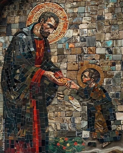 Fototapeta Saint Vincent de Pauls dedication to serving the poor is celebrated in a contemporary mosaic, depicting acts of charity and kindness, 8K