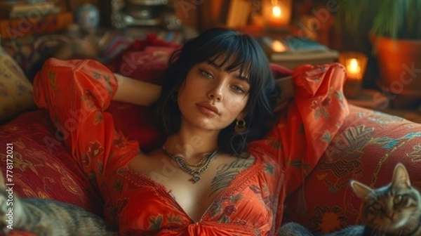 Fototapeta a woman in a red dress laying on a couch with a cat in front of her and candles in the background.