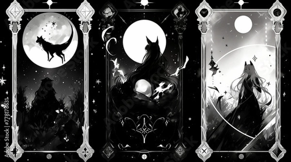 Obraz 夜の月と星空のあるモノクロの世界