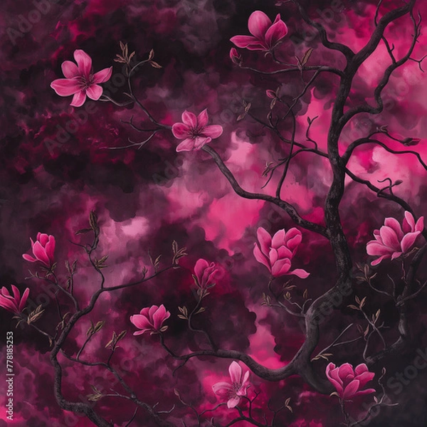Fototapeta Surreal Digital Art of Mystical Pink Blooms and Dark Branches