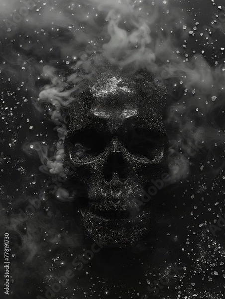 Fototapeta black skull on a black background with shimmer and fog.