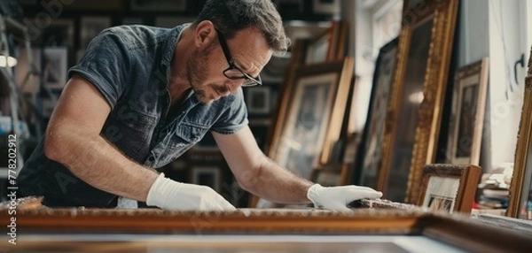 Fototapeta Skilled Framer Attentively Works in Art Workshop.