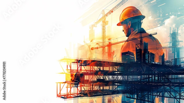 Fototapeta illustration digital building construction engineering with double exposure graphic design. Building engineers, architect people or construction workers working with modern civil equipment technology