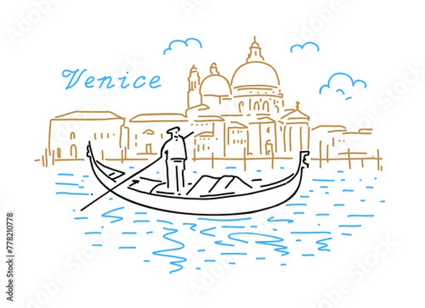 Fototapeta Architecture of Venice with a gondola on the water. Vector hand drawn linear illustration