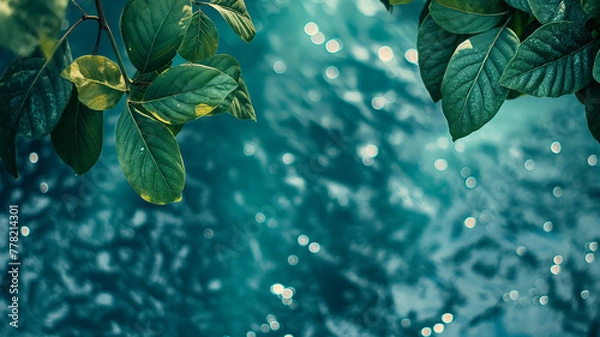 Fototapeta Summer natural background made of water and green leaves