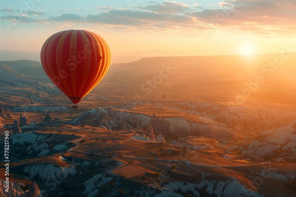 Fototapeta A serene sunrise with warm hues sets the backdrop for a hot air balloon ride over Cappadocia's valleys. AI Generated