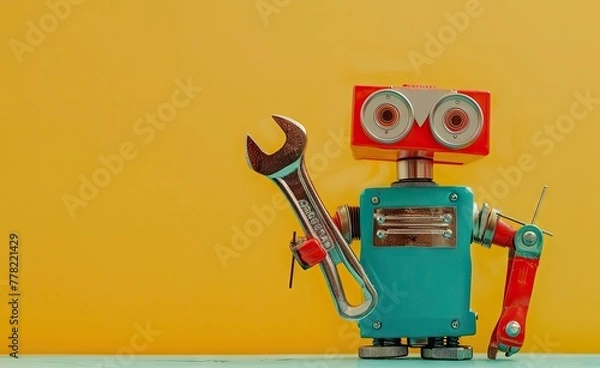 Fototapeta A futuristic robot holding tools, gears, technology, created with AI