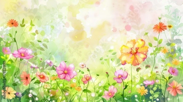 Fototapeta Colorful summer flowers frame outline water color copy space