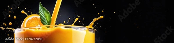 Fototapeta orange juice splash fresh on black background with copy space, banner