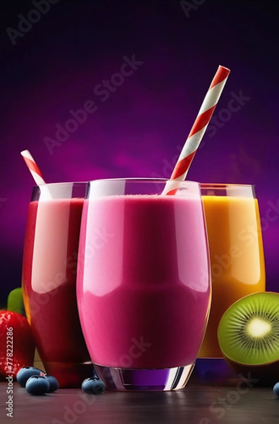 Obraz delicious set of fresh fruit juices, smoothies, cocktails on a dark purple background, vertical