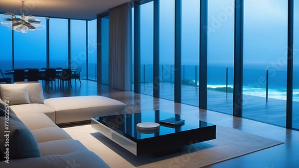 Obraz modern large beautiful house in a minimalist interior with a balcony, terrace on the seashore, ocean, waves, evening