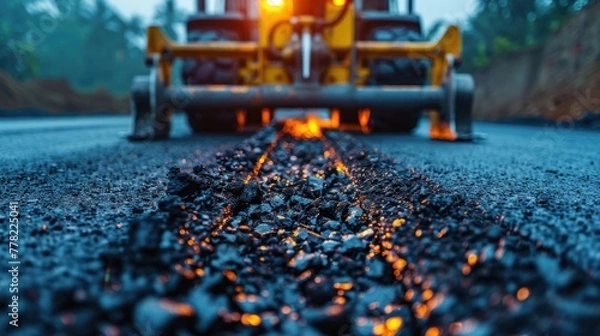 Obraz Road construction workers working together on asphalt laying work