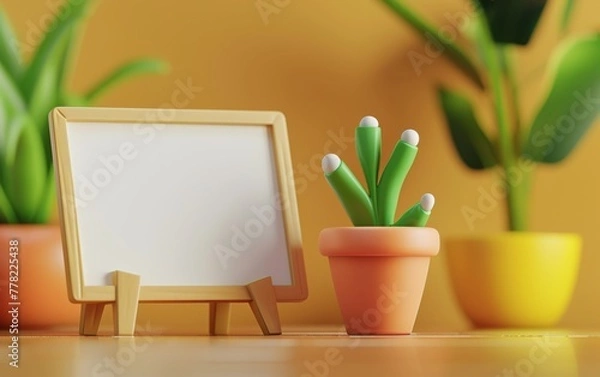 Fototapeta Wooden frame with place for text with succulent in ceramic pot. Modern style room interior