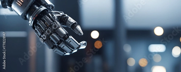 Obraz Robot gives a hand for a handshake. Artificial intelligence conceptual business design with copy space, banner
