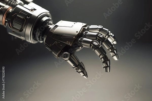 Obraz robot hand reaches out to take, grab, empty space, concept, copy space