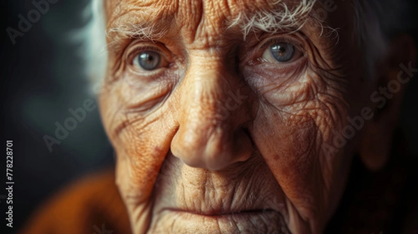 Fototapeta Close-up portrait of a thoughtful elderly person with a lifetime of stories