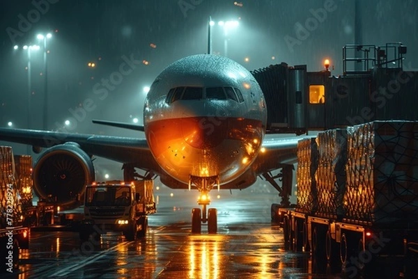 Fototapeta A cargo plane preparing for takeoff, its engines roaring to life, while ground crew members complete safety checks and load cargo containers onto the aircraft