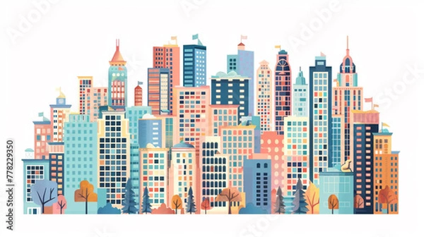 Fototapeta 様々な建物が並ぶ街並みのイラスト