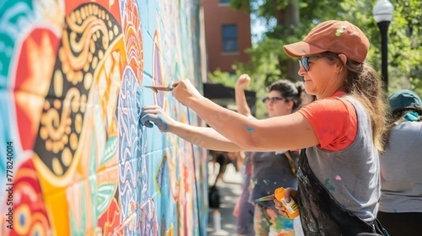 Obraz A woman is painting a mural on a wall. The mural is colorful and has a lot of detail. The woman is wearing a hat and a red shirt. There are other people in the background