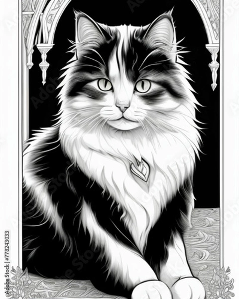 Obraz A black and white fluffy cat turned to look at its owner.