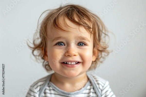 Fototapeta A little boy with curly hair smiling at the camera, isolated on white background.