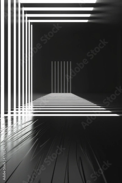Obraz A black and white black of an empty hallway using only lines and light for background