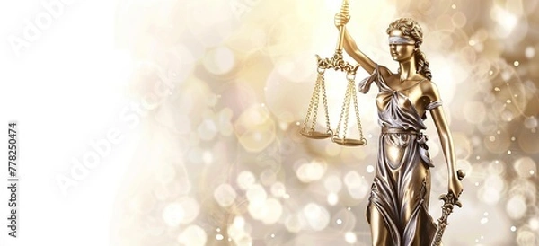 Obraz Glowing backdrop enhances depiction of Lady Justice holding scales and sword
