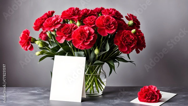 Fototapeta This is an image of a card placed next to a beautiful carnation flower. Generative AI.