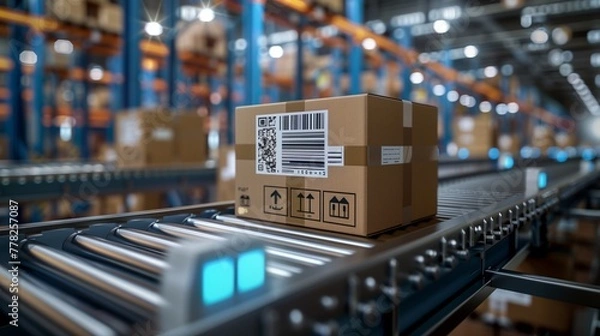 Obraz Automatic logistics management. smart packaging into the warehouse workflow, Cardboard box tags and QR codes for efficient tracking, authentication, and traceability throughout the supply chain