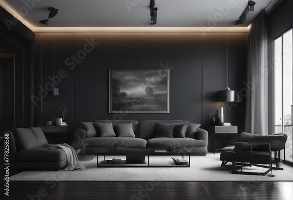 Fototapeta Home interior modern dark living room interior black empty wall mock up 3d render