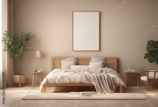 Fototapeta Mock up frame in bedroom interior background beige room with natural wooden furniture 3d render