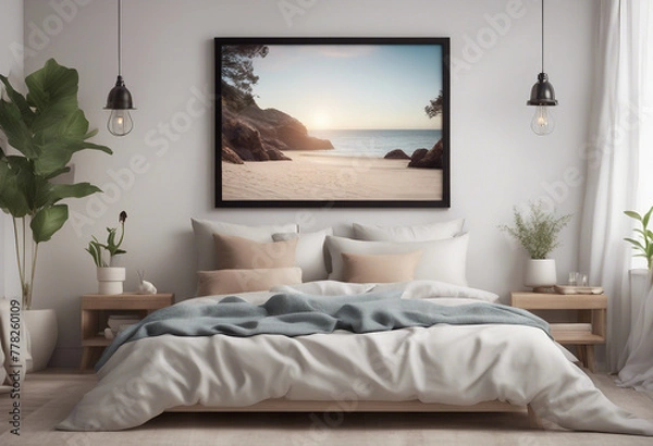 Fototapeta Mock up frame in cozy home interior background coastal style bedroom 3d render