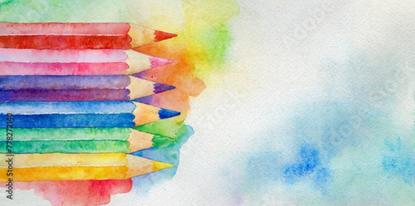 Obraz abstract watercolor background with watercolor drawn pencils over watercolor splashed background, the concepts of creativity, art class and back to school 