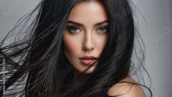 Fototapeta   A close-up of a woman with long black hair; eyes closed, hair billowing in the wind