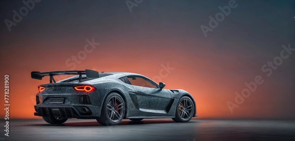 Fototapeta A sports car is shown from the rear, with a brake light illuminated. The background is a foggy, dark street.