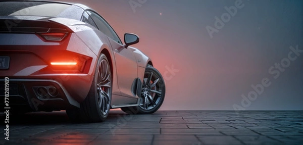 Fototapeta A sports car is shown from the rear, with a brake light illuminated. The background is a foggy, dark street.